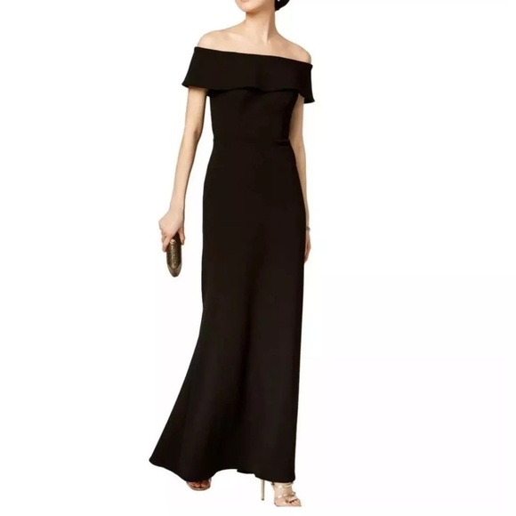 Betsy & Adam black off the shoulder back cascade and exposed zip Sz 8 gown new - Picture 1 of 13
